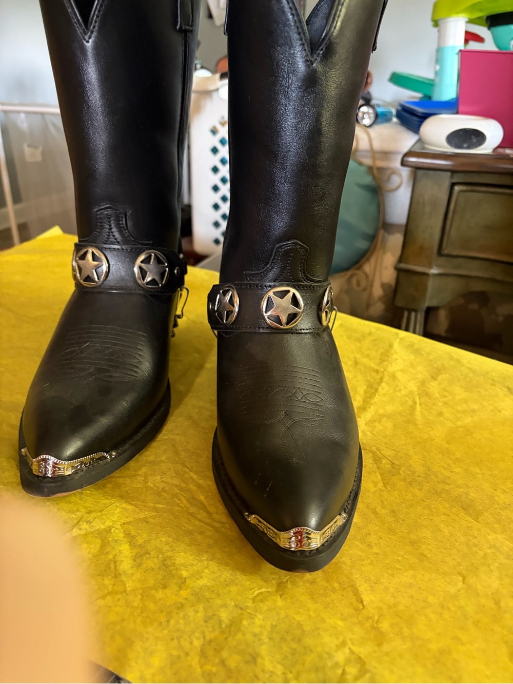 Black Cowboy Harness Boots with Star Conchos